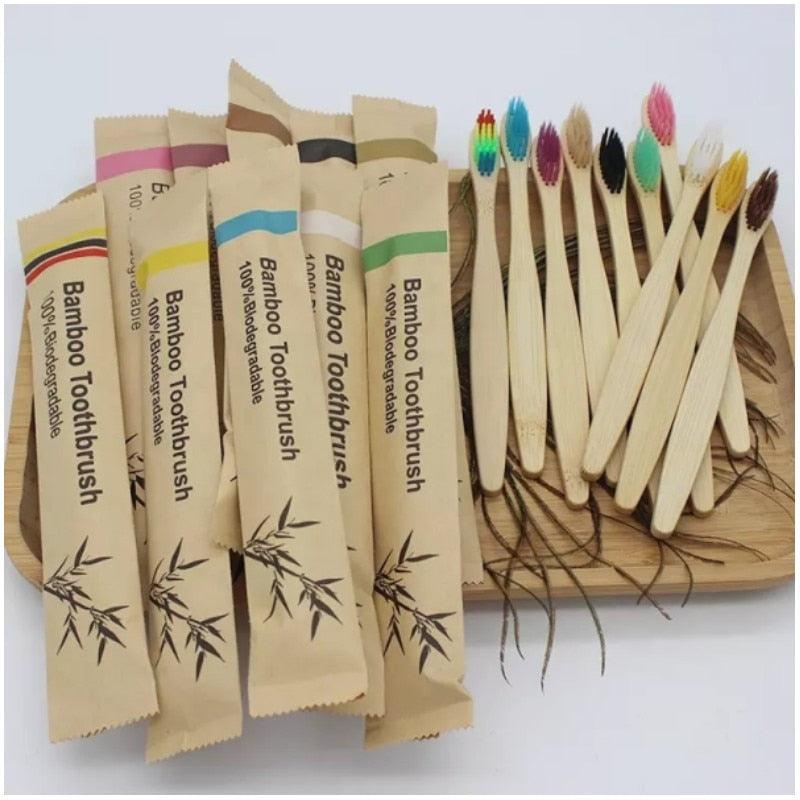 10pcs Bamboo Soft Toothbrush Natural Disposable Biodegradable - Bamboo.
