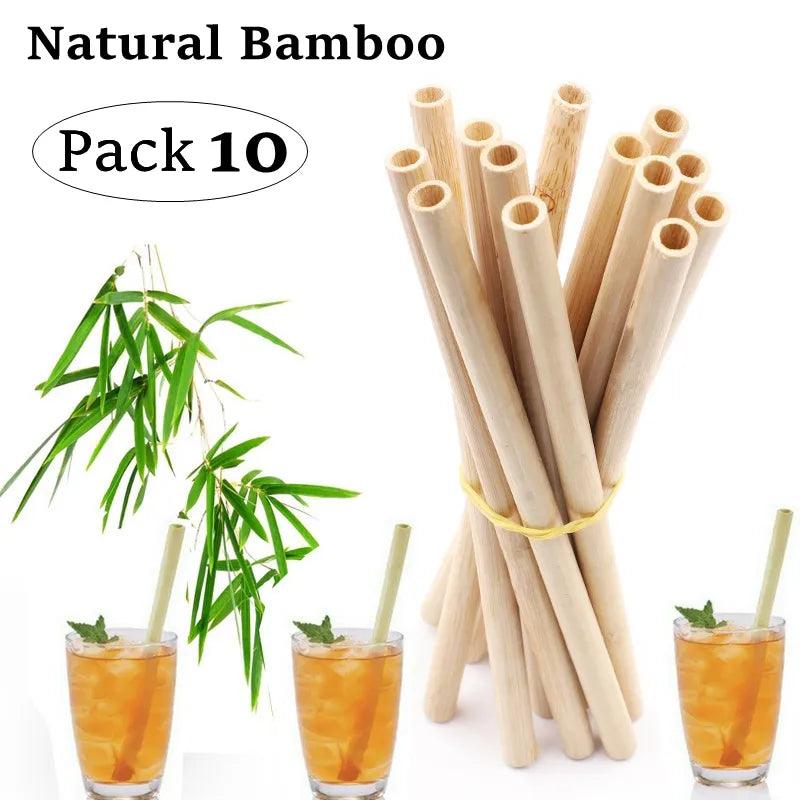 10Pcs Natural Bamboo 20cm Reusable Drinking Straws with Cleaning Brush - Bamboo.