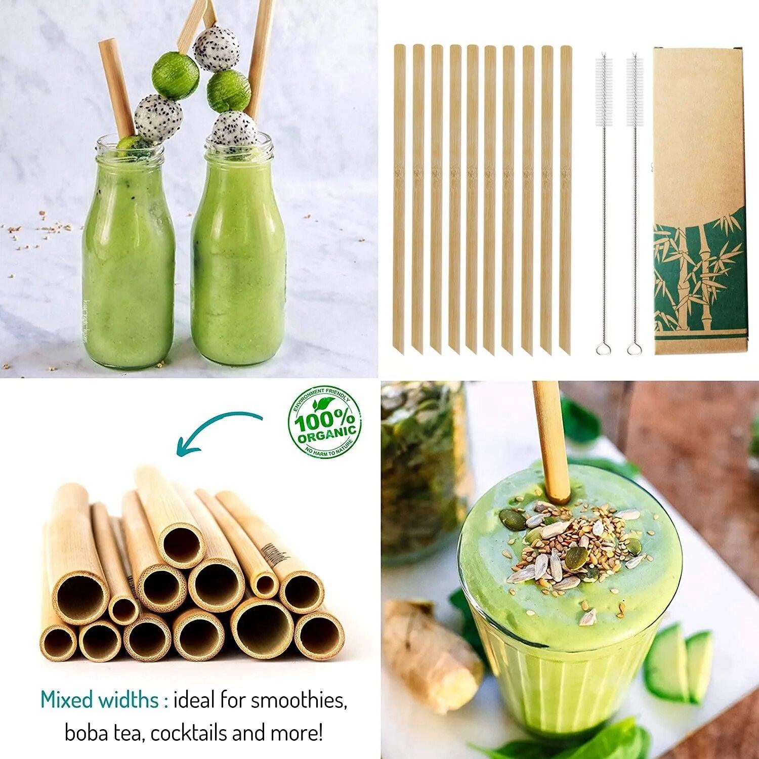 10Pcs Natural Bamboo 20cm Reusable Drinking Straws with Cleaning Brush - Bamboo.