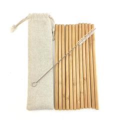 12 Pcs/set Natural Bamboo Reusable Drinking Straws & Cleaning Brush - Bamboo.