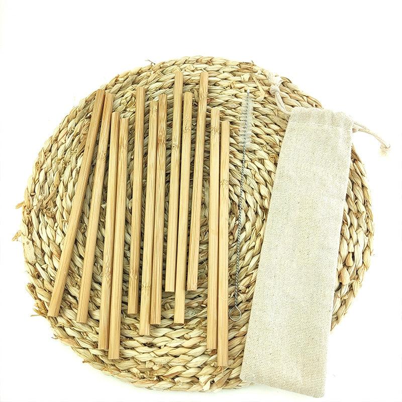 12 Pcs/set Natural Bamboo Reusable Drinking Straws & Cleaning Brush - Bamboo.