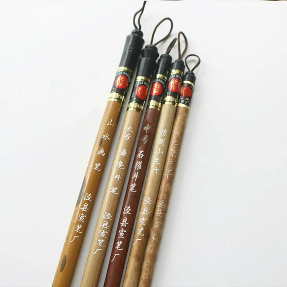 5pc Set"Three Rabbits"Chinese Brush Painting Water Ink+Bamboo Bag - Bamboo.