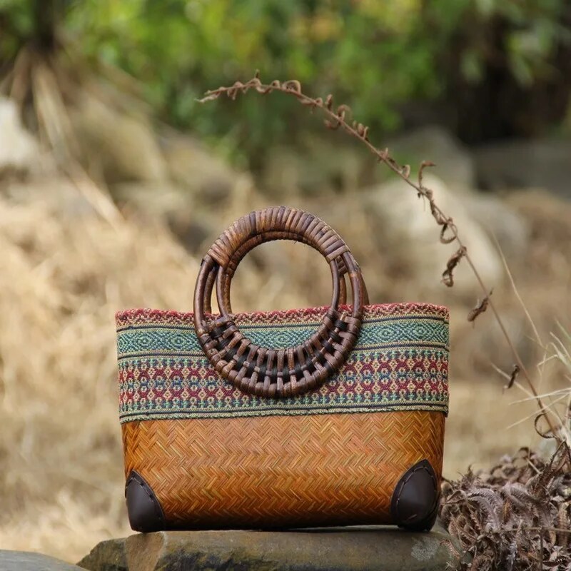 Retro Japanese handmade bamboo female woven rattan handbag