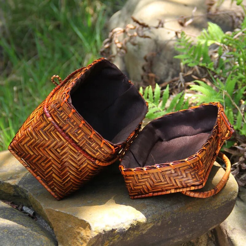 Handmade bamboo woven women's mini makeup handbag