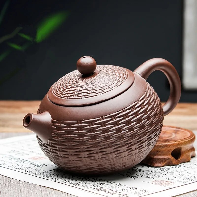 Yixing Purple Clay Handmade Bamboo Xishi Teapot Set
