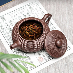 Handgefertigtes Xishi-Teekannen-Set aus Yixing-Lila-Ton aus Bambus