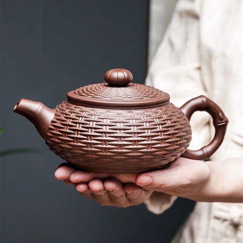 Handgefertigtes Xishi-Teekannen-Set aus Yixing-Lila-Ton aus Bambus