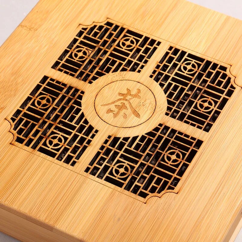 Caja de té Pu er de calidad hecha a mano, embalaje de regalo, caja de té puer para el cuidado de la salud, juego de té ecológico, bandeja de bambú tallada al por mayor