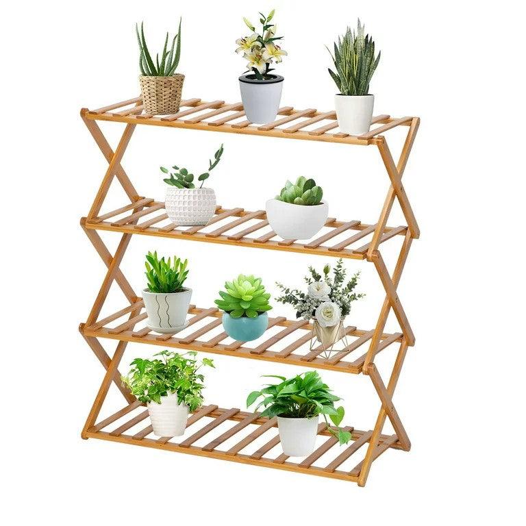 Bamboo Flower Stand 4-Layer Stock Plant Rack Foldable Natural - Bamboo.