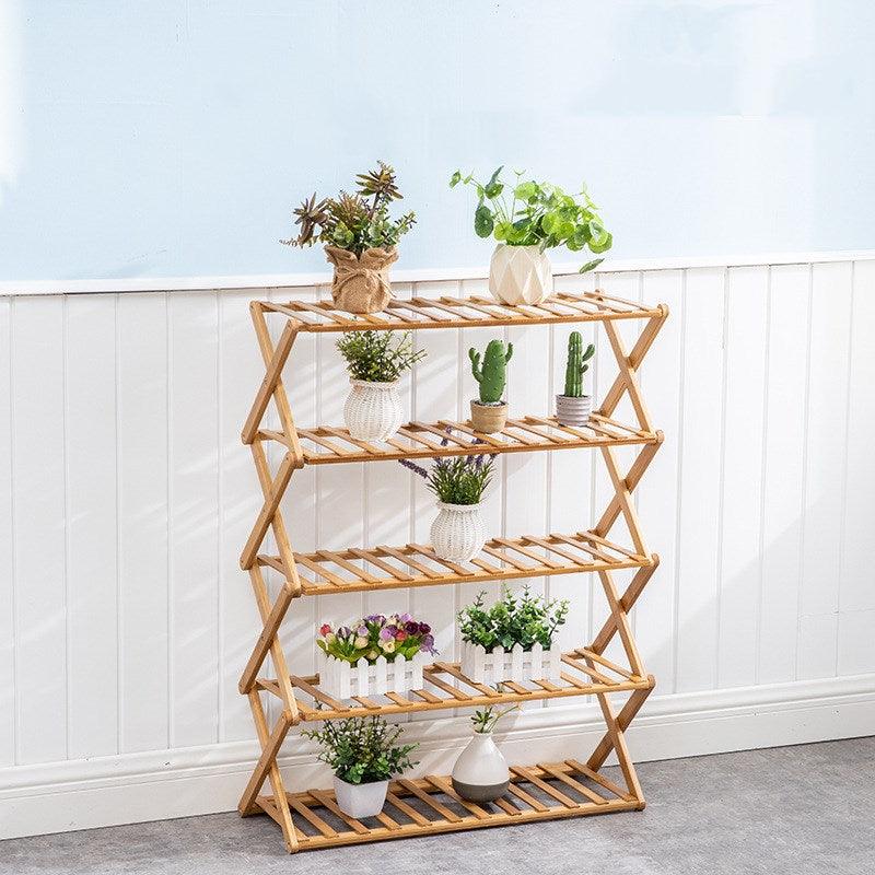 Bamboo Flower Stand 4-Layer Stock Plant Rack Foldable Natural - Bamboo.