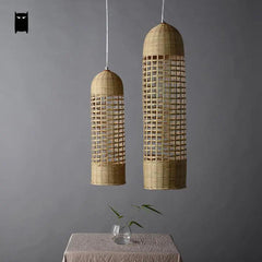 Bamboo Hand-Woven Wicker Rattan Basket Long Cylinder Pendant Light Fixture - Bamboo.