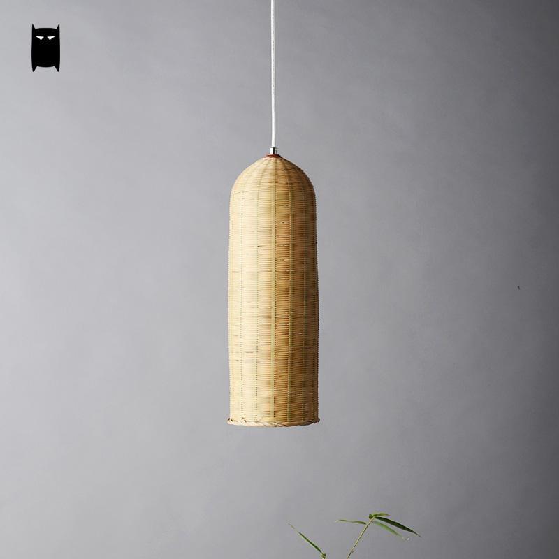 Bamboo Hand-Woven Wicker Rattan Basket Long Cylinder Pendant Light Fixture - Bamboo.