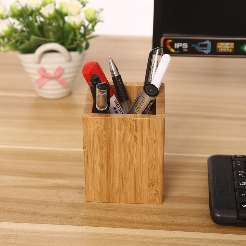 Bamboo Pen Holder Storage Office Stationery Organizer Square Container - Bamboo.