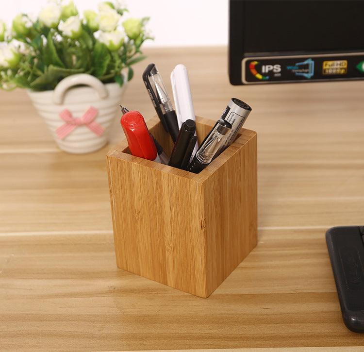 Bamboo Pen Holder Storage Office Stationery Organizer Square Container - Bamboo.