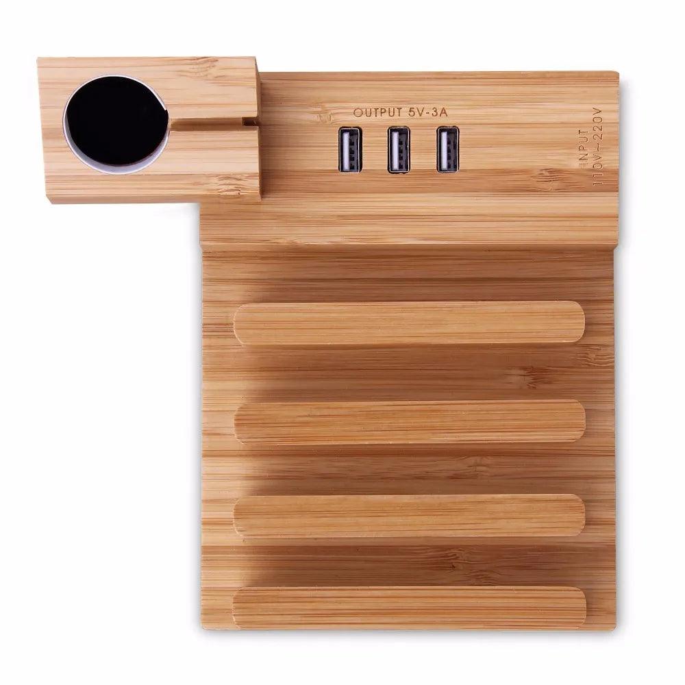 Bamboo Wood USB Charging Station for Apple Watch iPhone Samsung iPad - Bamboo.