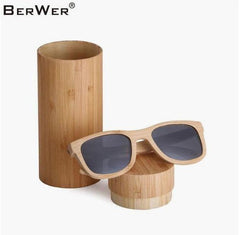 BERWER Men Bamboo Polarized Handmade Wooden Sunglasses With Round Box - Bamboo.