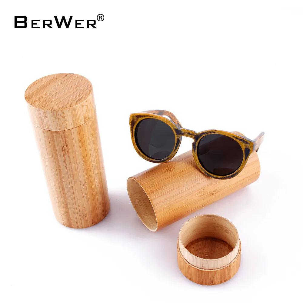 BERWER Womens Round Frame Bamboo Wooden Sunglasses - Bamboo.
