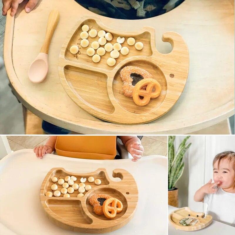 Bopoobo Baby Bamboo Plates Baby Cute Elephant Feeding Food Plate Silicone Suction Natural Bamboo BPA Free Children's Tableware - Bamboo.