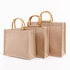 Burlap Jute Shopping Bag Bamboo Loop Handles Reusable Grocery Bags - Bamboo.