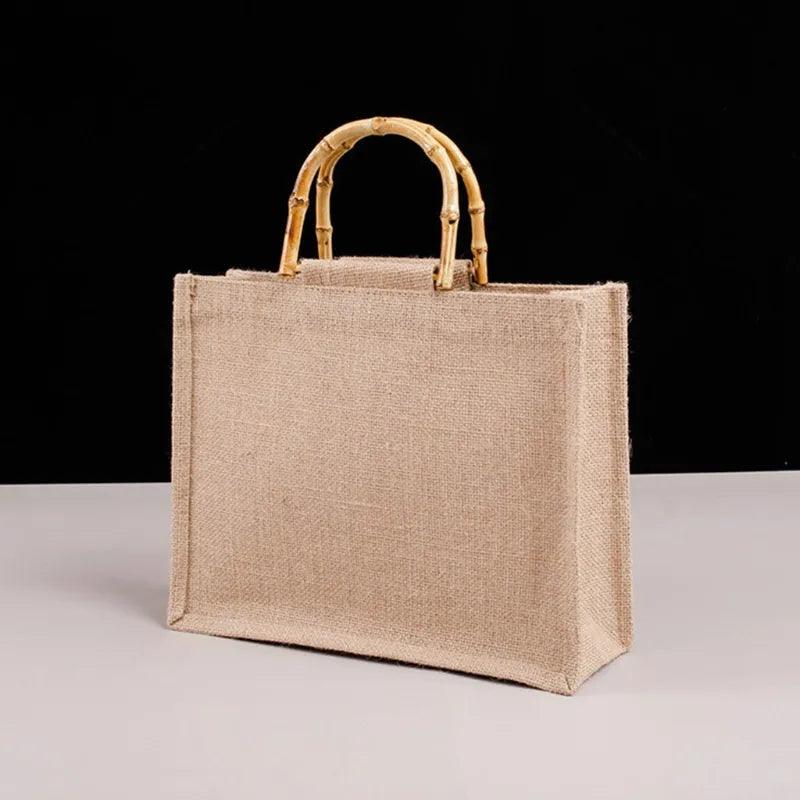 Burlap Jute Shopping Bag Bamboo Loop Handles Reusable Grocery Bags - Bamboo.