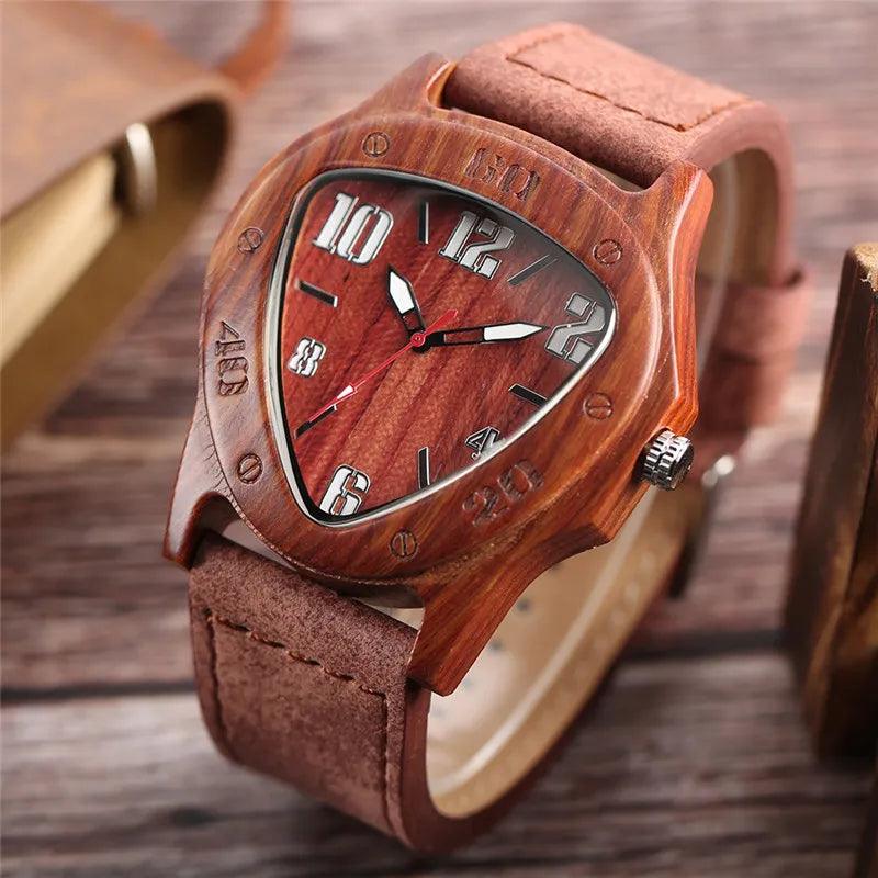Fashion Men Wooden Wristwatch Sporty Triangle Wood Case Special Number Dials Cool Bamboo Mahogany Sport Watch Unique Gifts Clock - Bamboo.