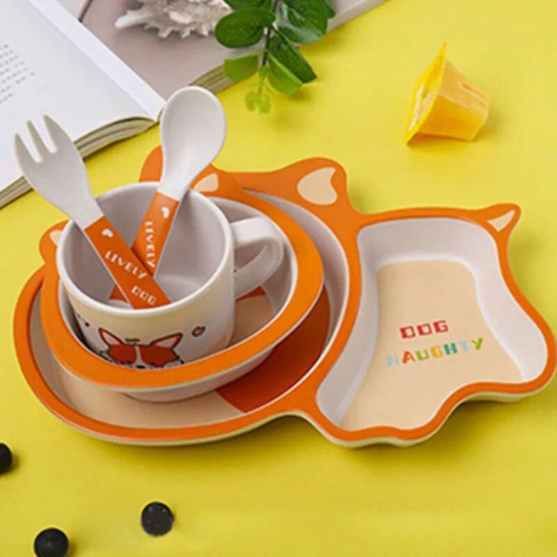 Five-Piece Suit Puppy Pattern Tableware Bamboo Plates For Food Baby Feeding Dishes For Children Flat Baby Food Tableware - Bamboo.