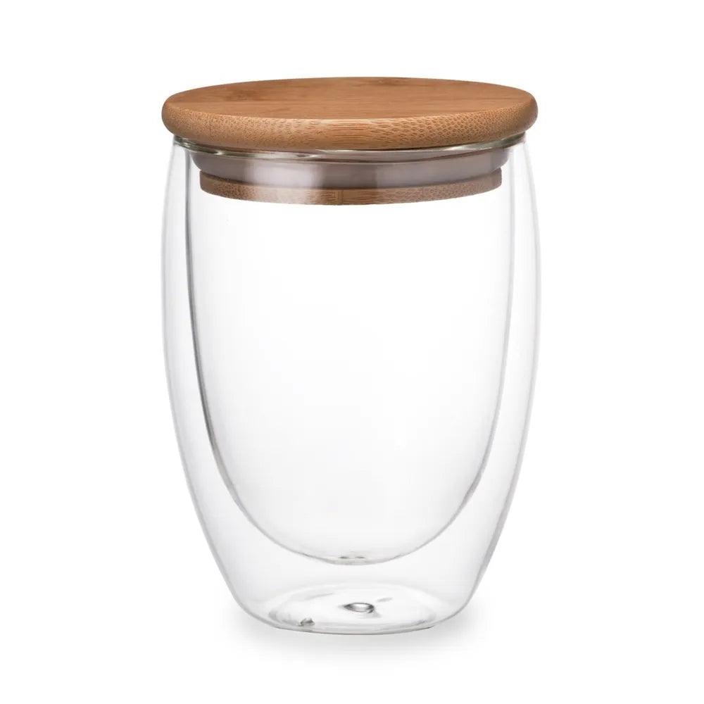 Heat Insulation Double Wall Glass Tasse Cups Borosilicate Glass Tumbler Receptacle Transparent Travel Mug With Bamboo Lid - Bamboo.