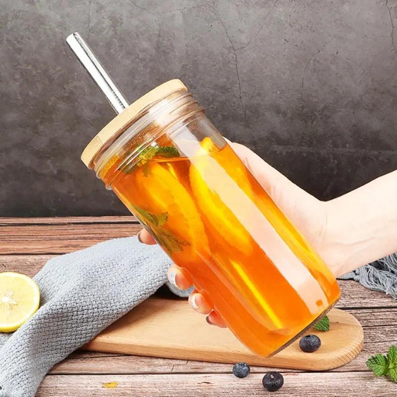 Mason Jars for Drinking Cup Reusable Glass Cup with Bamboo Lid - Bamboo.