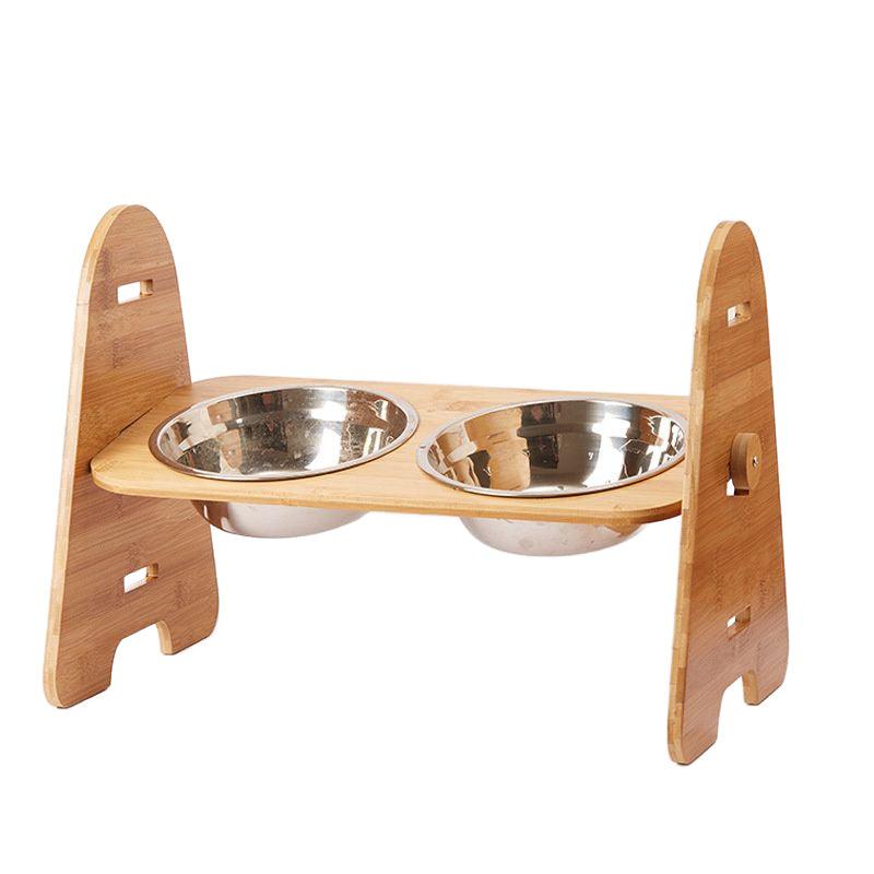 Medium And Large Dogs Dog Bowl Bamboo Stand Stainless Steel - Bamboo.