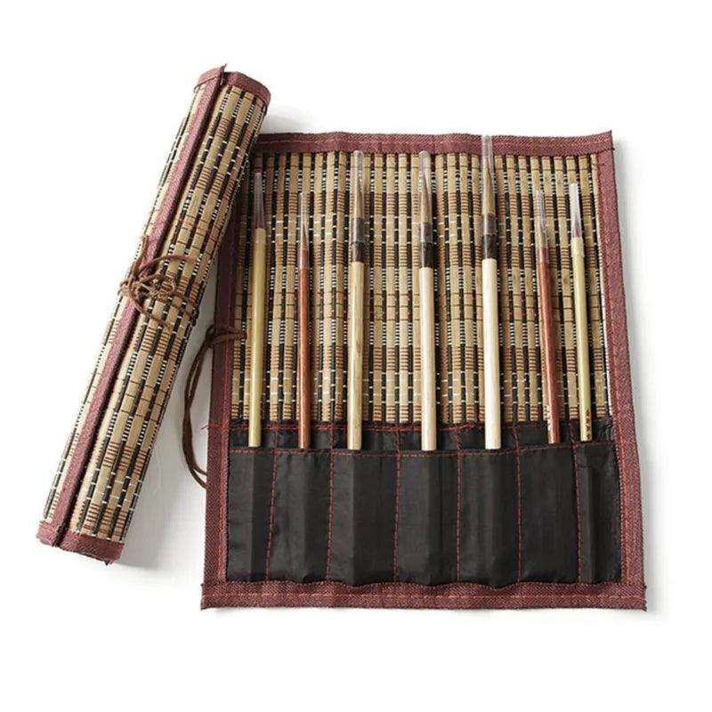 Painting Brush Holder Bamboo Rolling Bag Calligraphy Pen Case - Bamboo.