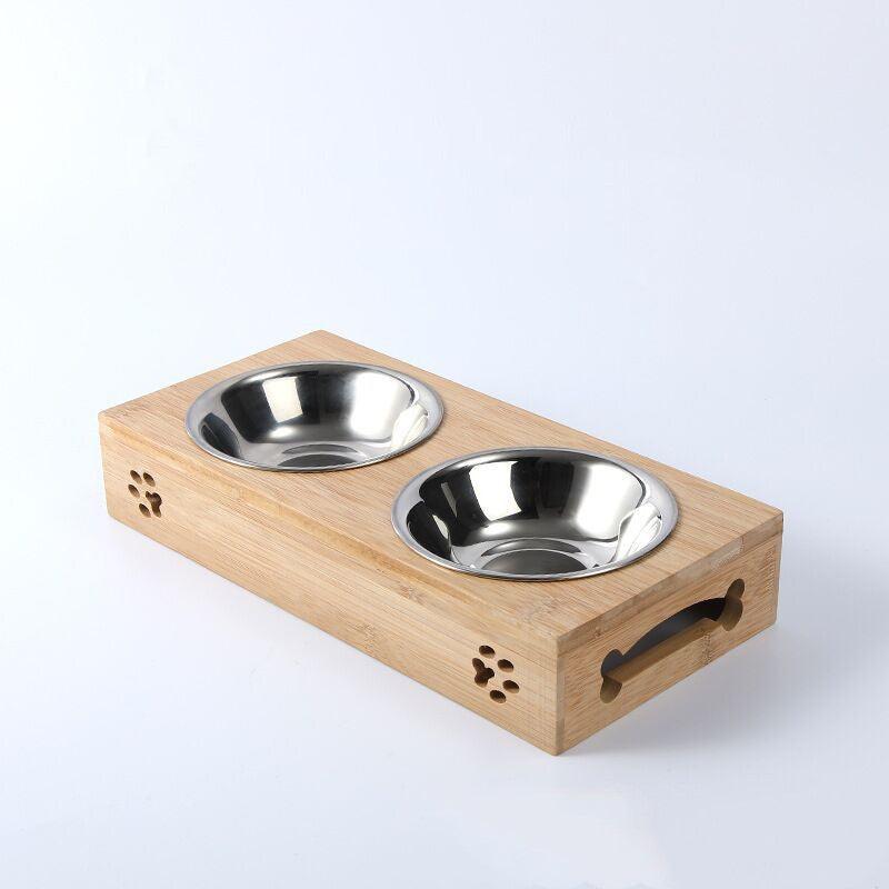 Pet Bamboo Cat Dog Wood Single Bowl Stainless Steel Wooden Bowl Rack - Bamboo.