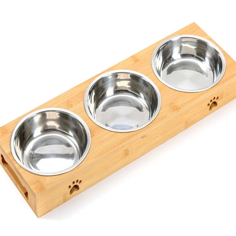 Pet Feeding and Drinking Bowls Combination with Bamboo Frame - Bamboo.