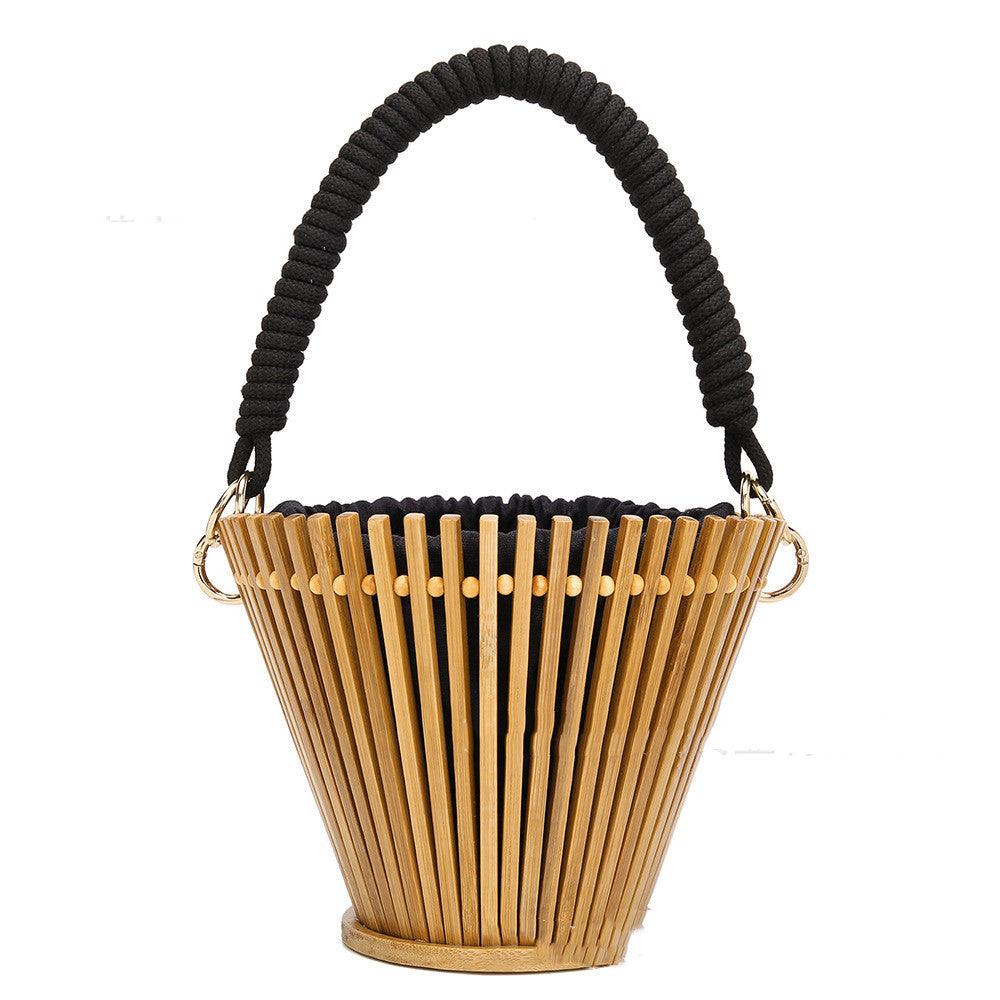Round Bamboo Woven Handbag Portable Bamboo Rattan Bag - Bamboo.