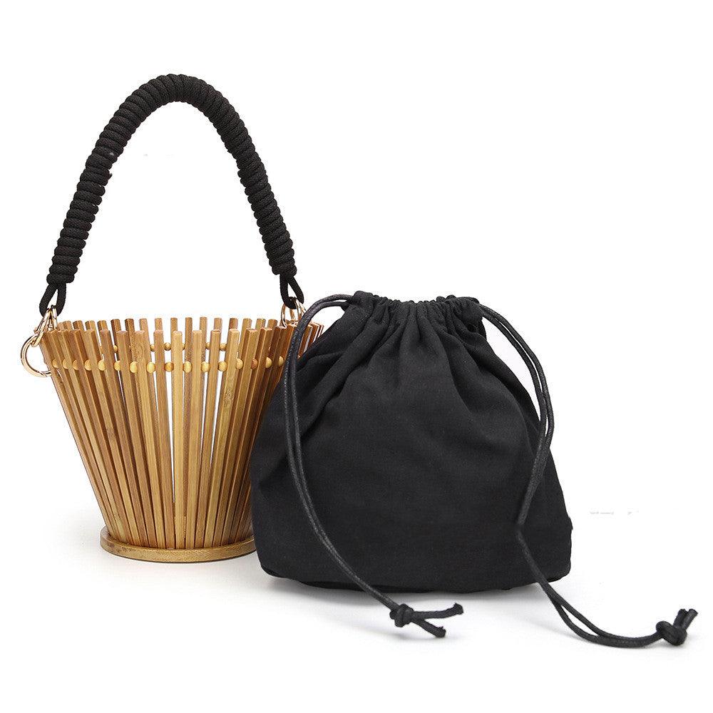 Round Bamboo Woven Handbag Portable Bamboo Rattan Bag - Bamboo.