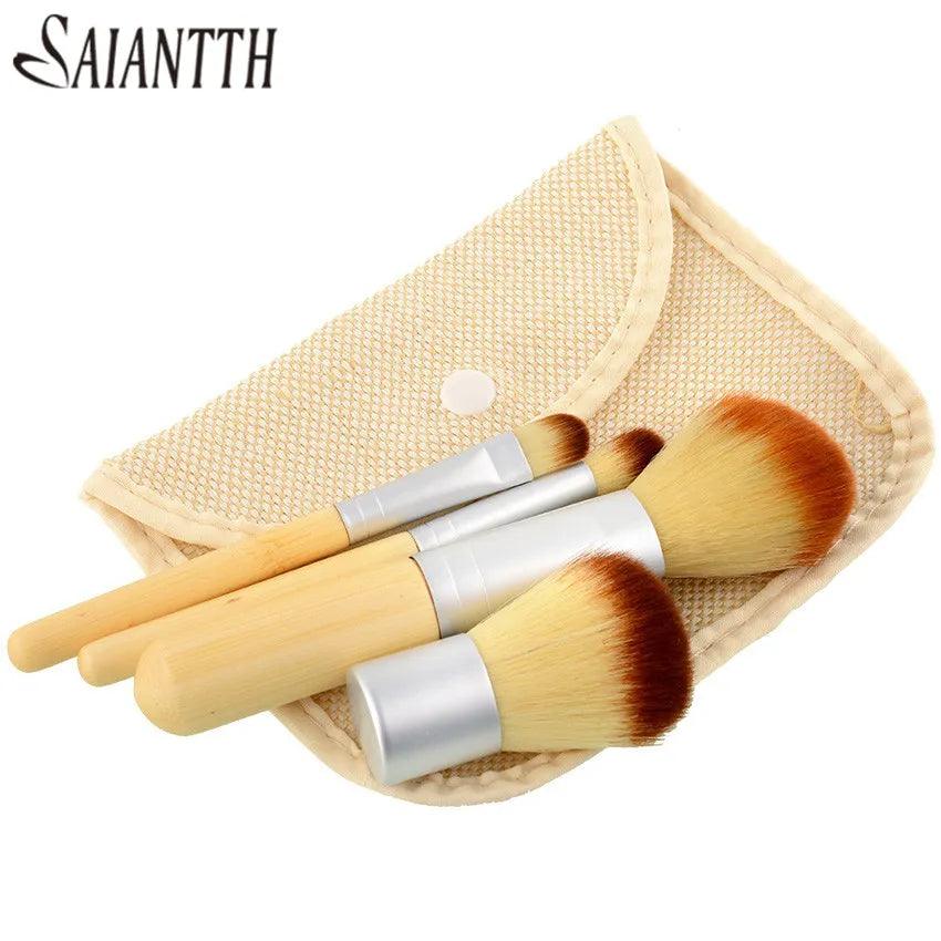 SAIANTTH linen bag 4pcs eco-friendly bamboo makeup brushes set beauty tools maquiagem blush powder eyeshadow foundation kit - Bamboo.