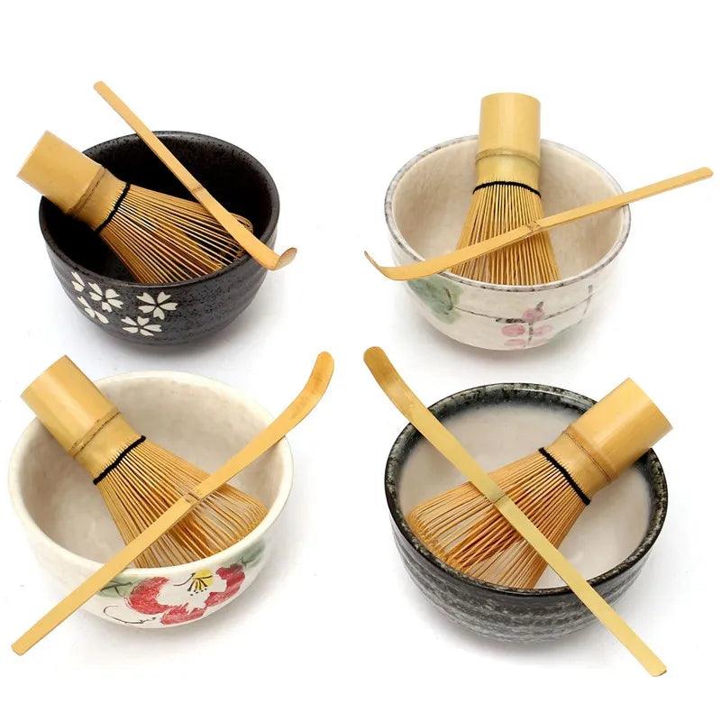Tea Ceremony Matcha Ceramic Tea Bowl Bamboo Tea Scoop Matcha Whisk Japanese Teaware Tea Tool 4 Style Matcha Bowl Set - Bamboo.